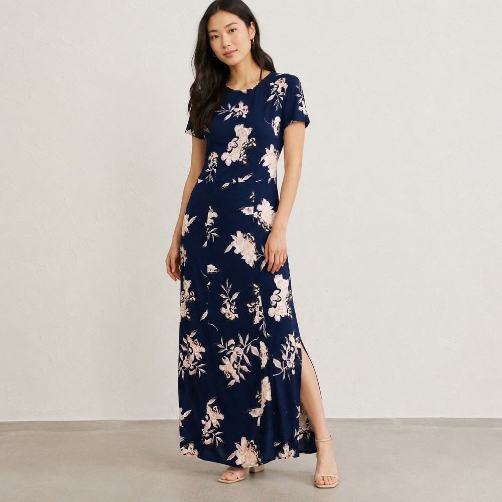 Leith Navy Blue Floral Short Sleeve Maxi Dress‎ with Side Slit XS